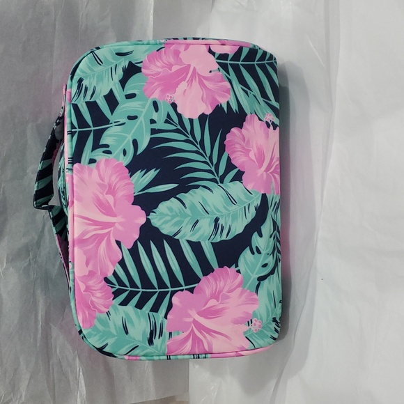 Hurley obsidian dark blue pink hibiscus tropical palm print makeup cosmetics bag - Picture 3 of 16
